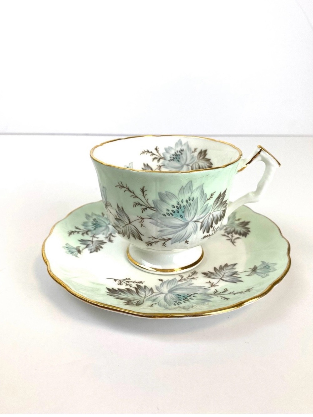 Aynsley Bone China Teacup and Saucer: Mint Green Floral, Made in England
